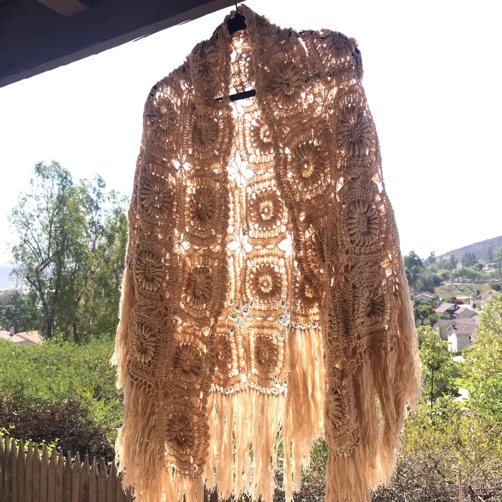 Vintage Crocheted Fringed Sweater Shawl Pancho